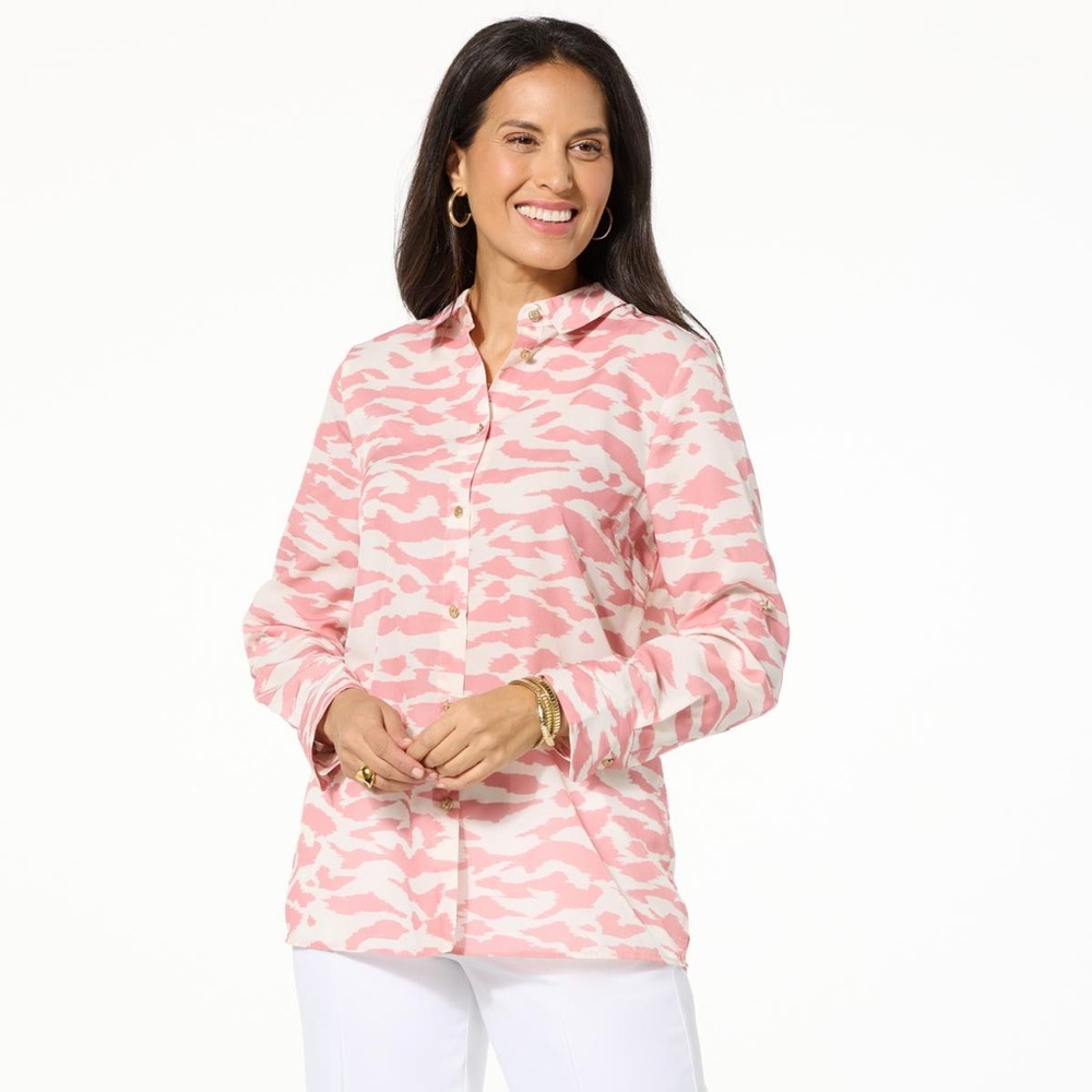 Jaclyn Smith Pink and White Camo Button-Up Shirt